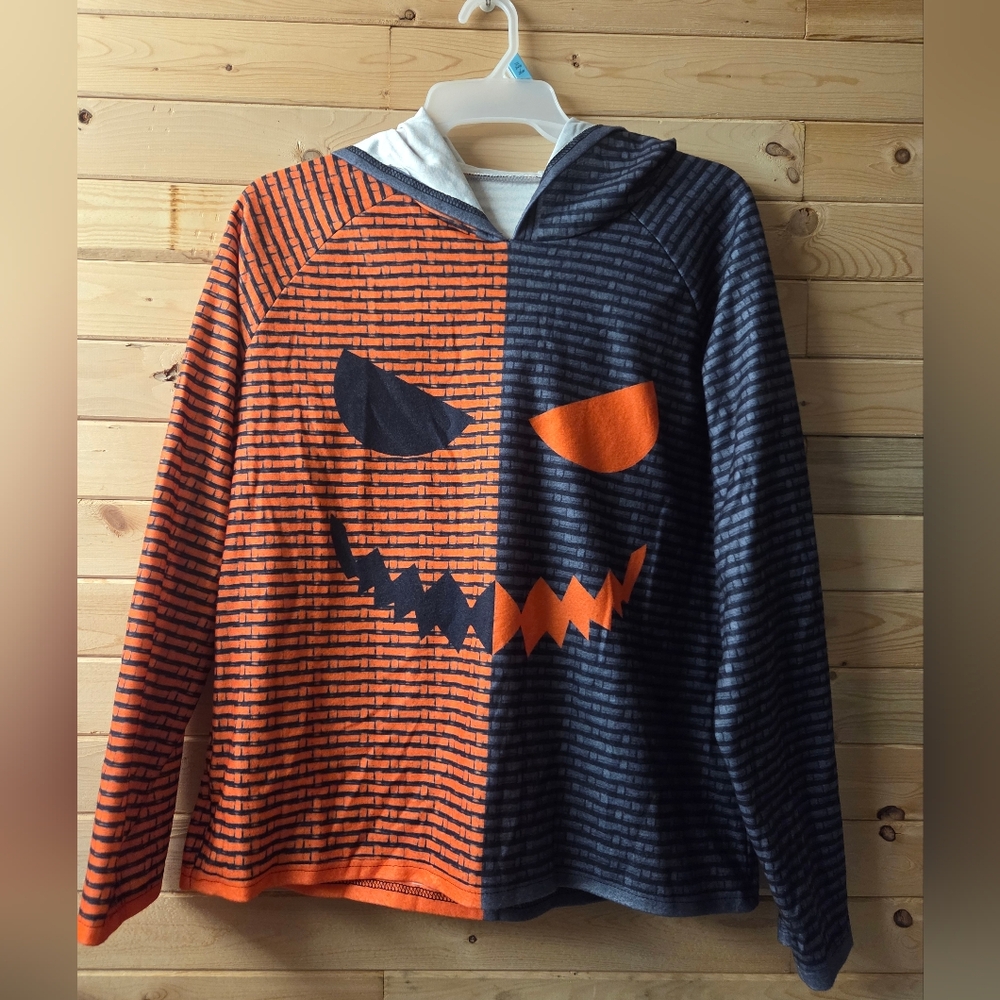 Womens Striped Orange And Gray Halloween Hoodie with Jack-o-lantern Face. EUC XL